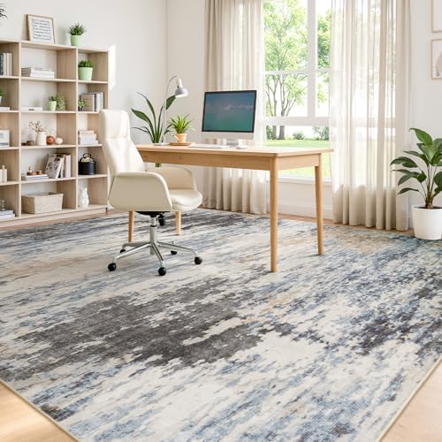 10x14 Area Rug for Living Room, Abstract Washable Large Rugs, Grey/ Blue - Image 6