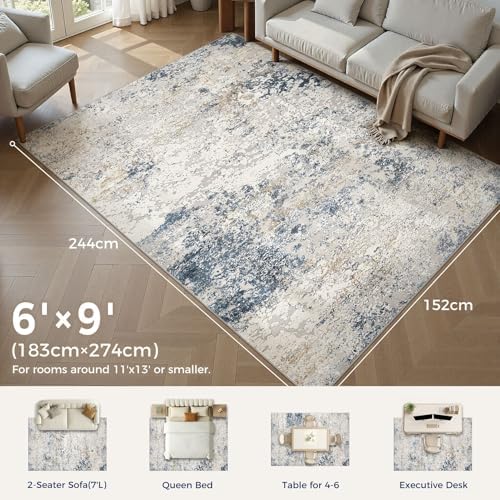 DMOYEST Area Rug Living Room Rugs 6x9 Washable Abstract Beige Blue Carpet - Image 2