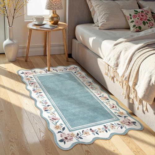 Lahome Floral Blue Kitchen Rug 2x3, Small Scalloped Entryway Rug - Image 4
