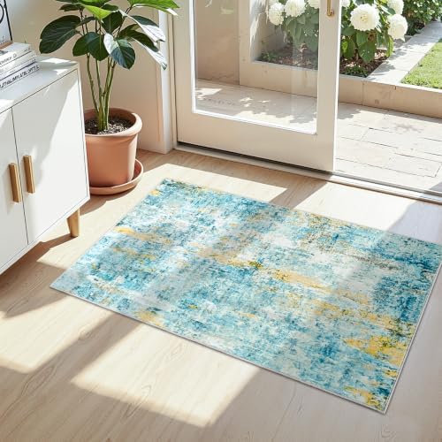 Entrance Rugs Indoor 2x4 Teal Blue Entry Rug Washable Abstract Black Small Area Rug Non-Slip Low Pile Throw Rugs for Entryway, Kitchen Floor, Front Door Indoor Door Mat, Bathroom, Bedroom Bedside - Image 5