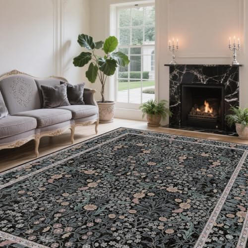 6x9 Washable Area Rugs for Living Room Soft Carpet (Black Flora) by Unknown