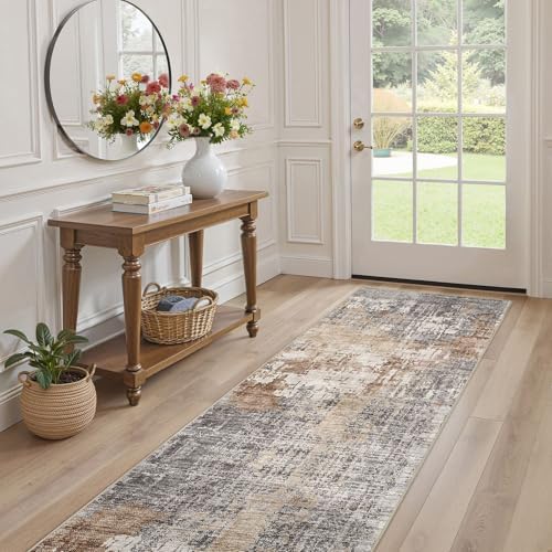 DMOYEST Washable Runner Rug for Hallway: 2x6 Neutral Modern Abstract Low Pile Area Rug with Non-Slip Backing - Carpet for Bedroom Kitchen Laundry Entryway Bathroom Indoor - Grey Brown - Image 4