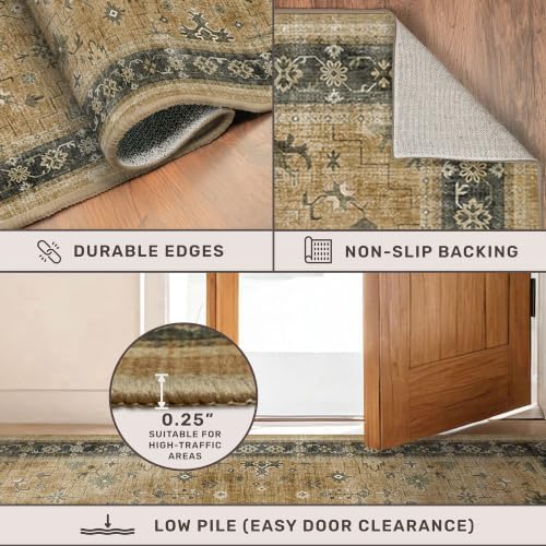 Hazo Haus Boho Washable 3x16 Extra Long Hallway Runner Rug, Large Kitchen Floor Rug Indoor, Non-Slip Stain & Fade Resistant, Vintage Rustic Brown and Charcoal Olive Décor - Image 4