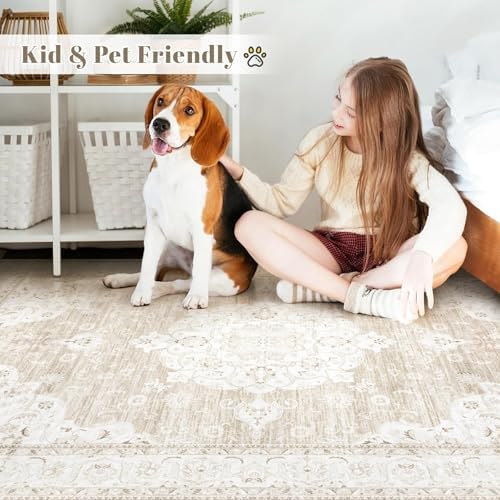 Vintage Living Room Area Rug - 9x12 Large Machine Washable Boho Moroccan Rug Distressed Farmhouse Rugs for Bedroom - Soft Non-Slip Indoor Carpet for Dining Room Office Nursery(Boho Beige, 9'x12') - Image 3
