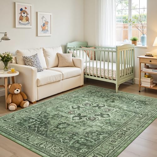 Sage Green Boho 6x9 Living Room Rugs, Washable Lightweight Carpet - Image 2