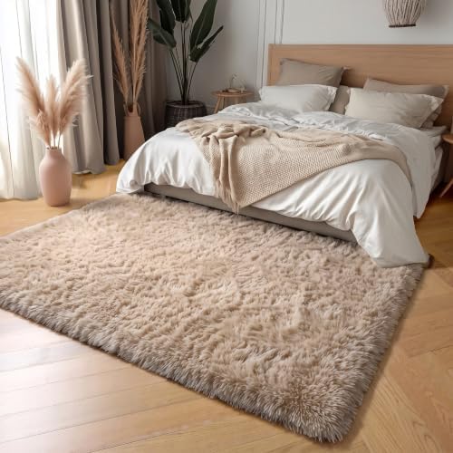 Amdrebio Beige Boho Fluffy Area Rug 5x8 for Living Room Bedroom Nursery - Image 3
