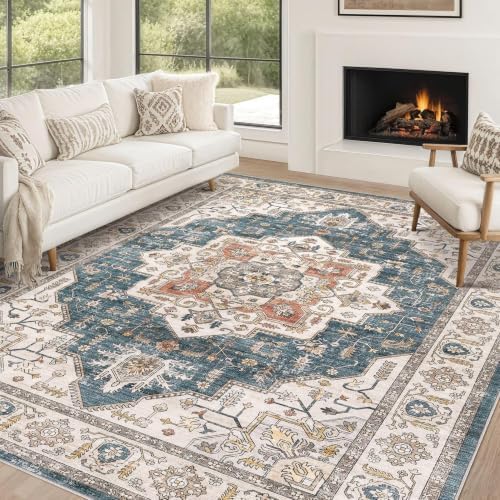 7x10 Area Rug: Washable Vintage Soft Blue Rugs for Living Room by ZUNTKON