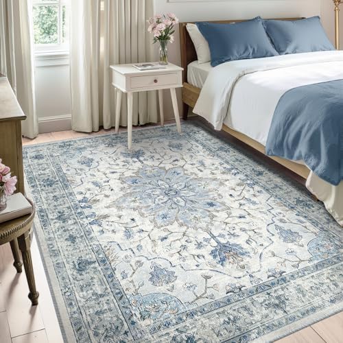 RELEANY Washable Area Rug, 5'x8', Blue/White/Gray - Image 2