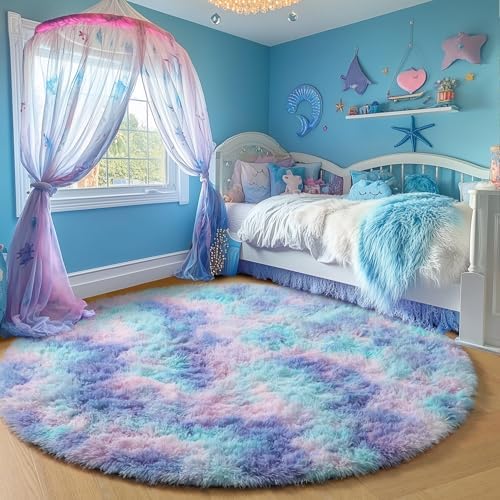 PAGISOFE Rainbow Purple Rugs 7Ft for Girls Bedroom, Cute Shaggy Round Rug for Kids Room Teen Girls Playroom Nursery Classroom, Indoor Fluffy Furry Pastel Mermaid Rug Soft Plush Kawaii Tent Carpet - Image 4