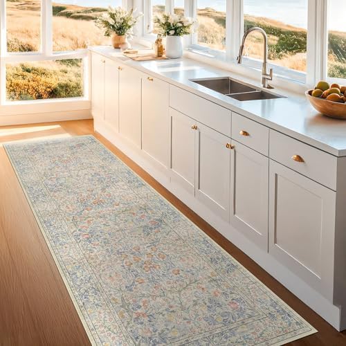 Beige Blue Washable 2x8 Runner Rug for Bathroom, Hallway, Kitchen, Non-Slip & Stain Resistant 8ft Long Entryway Floor Rug, Retro Boho Floral Décor - Image 6