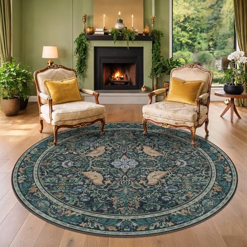 Washable Round Area Rug 6ft for Living Room, Soft Round Carpet Non-Slip with Rubber Backing, Vintage Large Circle Rug for Bedroom Kitchen Nursery, Dark Navy Blue Oriental Floral Décor by HazoHaus