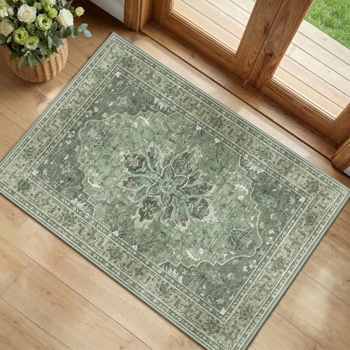 RELEANY Washable Area Rug, Small 2'x4', Green/Dark Green/Gray by RELEANY