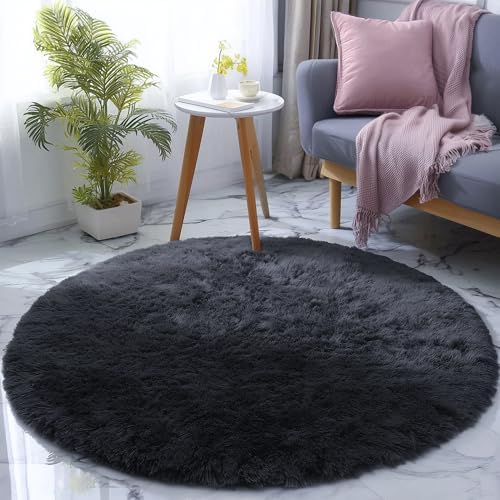 Black Round Rug 4Ft Area Rug, Cute Circle Rugs for Kids Bedroom Living Room - Image 4