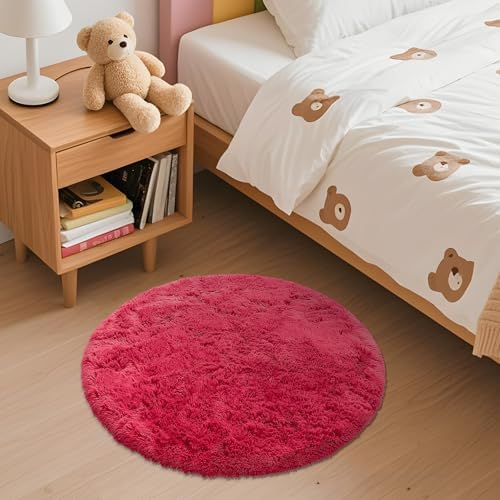 OLANLY Red Round Rugs for Bedroom - Machine Washable, 2 ft Circle Area Rugs for Living Room, Soft and Fluffy Shaggy Carpet for Teen Girls and Boys, Nursery Rooms, Dorms, Home Decor Aesthetic - Image 3