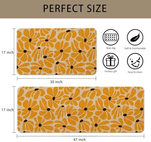 Spring Daisy Floral Kitchen Mats Decor, Yellow Retro Groovy Flower Power Kitchen Rugs Sets of 2, Vintage 1970s Floral Rug Home Decorations Indoor - Image 3