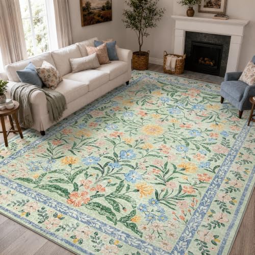 Wonnitar Machine Washable Area Rugs 9x12, Soft Sage Green Floral Rug for Living Room Bedroom, Ultra-Thin Large Foldable Boho Carpets for Playroom Classroom Dining Room by Wonnitar