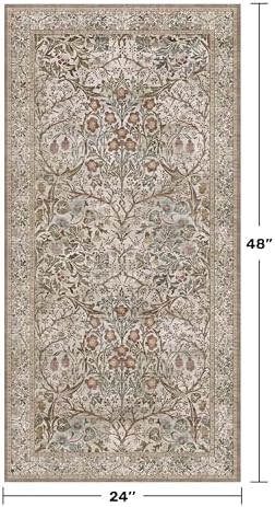 Moss Green Washable 2x4 Entry Rug - Front Door Rugs Indoor, Vintage Floral Style Small Rug for Kitchen, Bathroom, Non-Slip Boho Vintage Dark Taupe Entryway Décor - Image 2
