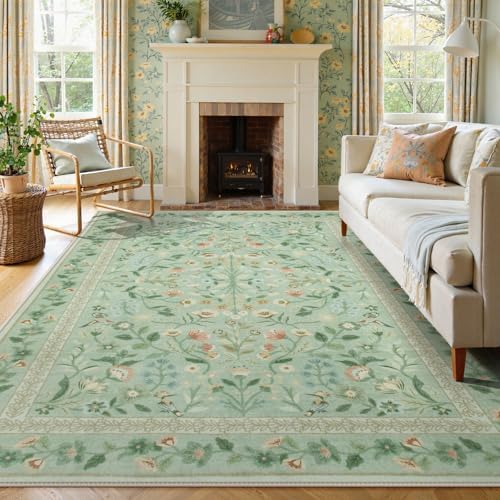 Lahome Floral Washable Area Rugs 8x10, Non-Slip Living Room Carpet Soft Tumble Washable Rugs for Bedroom Nursery, Vintage Botanical Print Carpet for Classroom Kids Room Dining Room, Sage by Lahome