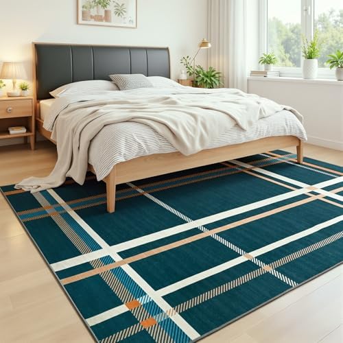 Terrug Blue Striped Checkered Rug for Living Room, 5x7 Washable Area Rugs - Image 2