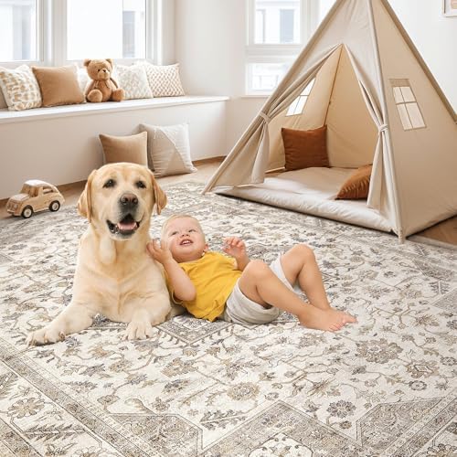 cotiled 8x10 Area Rug for Living Room, Washable, Traditional, Light Brown - Image 5