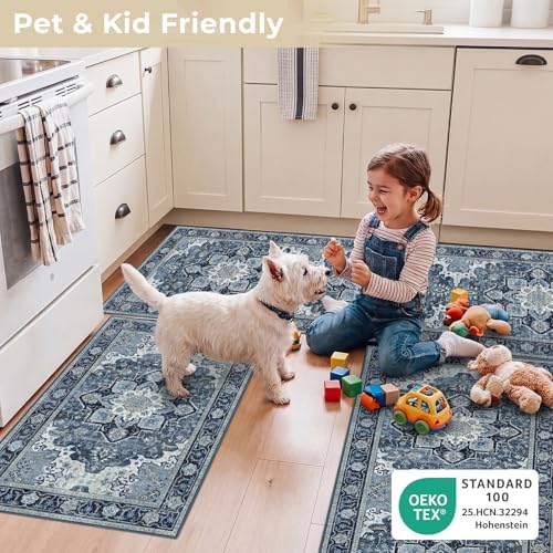 3 Piece Kitchen Rugs Sets with Runner, Washable Non Slip Soft Boho Kitchen Mats, Low Pile Stain Resistant Carpet for Hallway, Laundry Room, Entryway, Home Decor (20"x32"+20"x48"+20"x59", Navy Blue) - Image 5