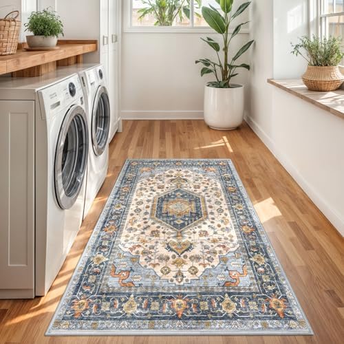 KUTA Vintage Rug 3x5 Area Rugs for Entryway Ivory Blue Washable Kitchen Rug - Image 4