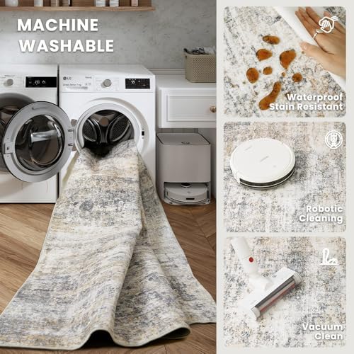 5x7 Grey Beige Washable Area Rug for Living Room, Vintage Print - Image 5