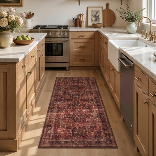Washable Hallway Runner Rug 2'x5', Vintage Medallion, Dark Red - Image 3