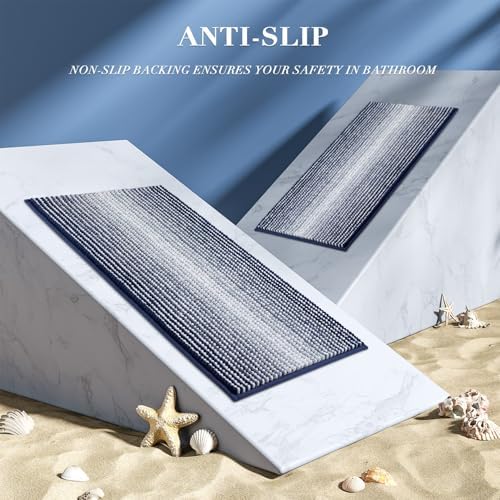 BSICPRO Bathroom Rugs Sets 2 Piece, Non Slip Striped Bath Mats, Navy - Image 5