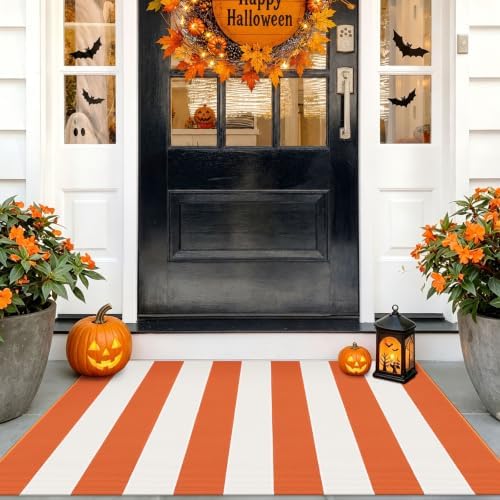 IOHOUZE Fall Striped Outdoor Door Mat 27.5x43, Washable, Orange White by iOhouze