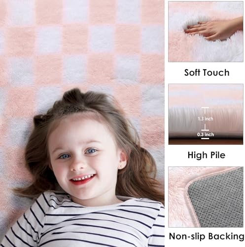 KICMOR 5x8 Area Rugs for Living Room, Light Pink and White Fluffy Shag Large Fuzzy Plush Soft Bedroom Carpets, Indoor Floor Shaggy Checkered Rug for Kids Baby Girls Room Playroom Nursery Home Decor - Image 2