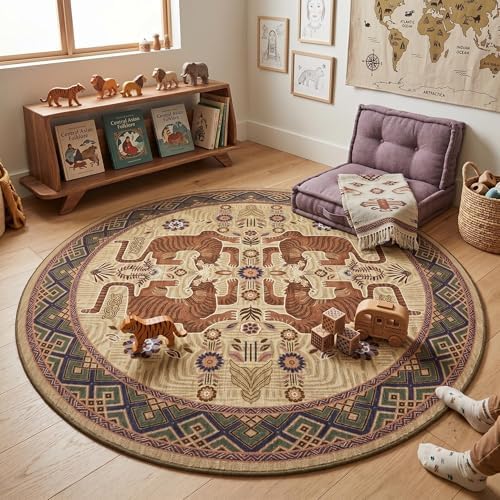 GarveeHome Tiger Round Area Rugs Boho Living Room Non Slip Washable Vintage - Image 2