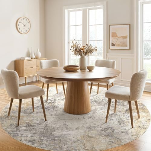 UERMEI 8ft Round Area Rug Living Room Rugs - 8x8 Washable Neutral Modern Abstract Soft Thin Rug Indoor Floor No Slip Rug Carpet for Bedroom Under Dining Table Home Office Decor - Golden Grey - Image 2
