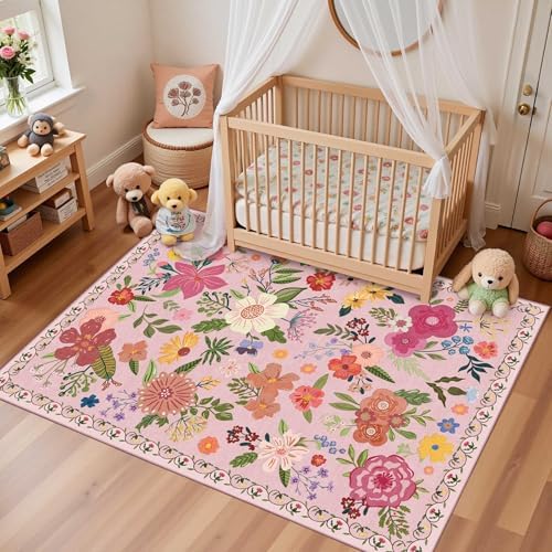 3x5 Entryway Area Rugs, Washable Floral Pink Rugs for Living Room - Image 4