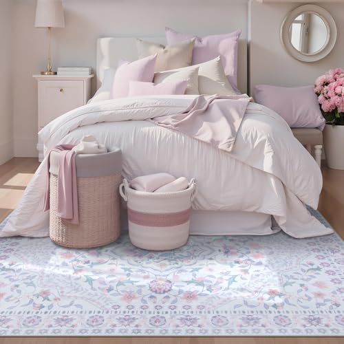 Wonnitar Floral Purple Rug for Nursery, Washable 5x7 Kids Rug, Boho Ultra-Thin Soft Non Slip Vintage Carpet for Bedroom Dorm Living Room Playroom Office, Pale Purple - Image 5