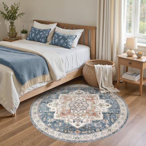 6ft Round Rug: Washable Vintage Blue Area Rugs for Living Room - Image 2