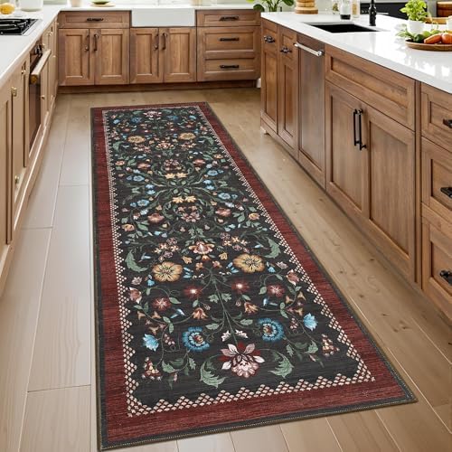 GarveeHome Floral Rug 2.5x8 Runners for Hallways, Boho Kitchen Runner Rugs Non Slip Bath Runners, Vintage Washable Runner Rug for Bedroom, Soft Long Rugs for Entryway Bathroom Laundry Dorm, Red by GarveeHome