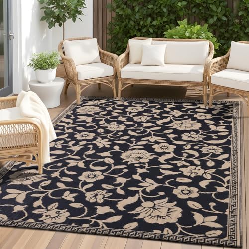 OLANLY Outdoor Rug 4x6 ft Waterproof Reversible Floral Mat, Black & Beige by OLANLY