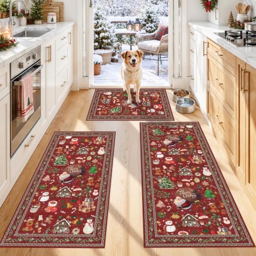 Christmas Kitchen Rugs Sets of 3: Non-Slip Washable Kitchen Mat Holiday Runner Rug for Sink,Entryway,Hallway - Soft Low Pile Carpet Runner for Housewarming(Christmas Red,2x3+2x4+2x5) - Image 3