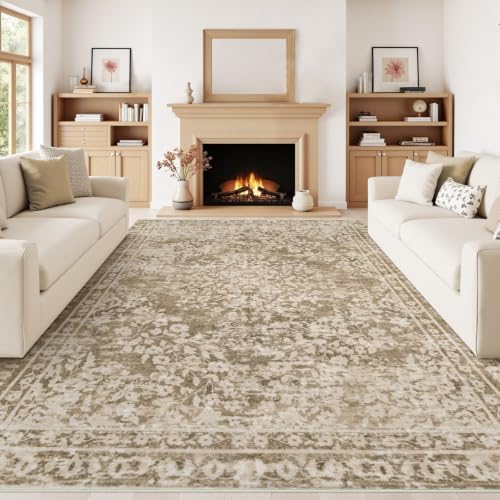 Vintage Living Room Area Rug - 9x12 Large Machine Washable Boho Area Rug Distressed Floral Rugs for Bedroom, Soft Non-Slip Indoor Floor Accent Rugs for Office Dining Room (Floral Brown, 9'x12') - Image 3