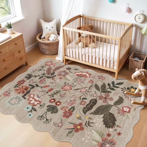 5x7 Area Rugs for Living Room: Floral Scalloped Washable Bedroom Rug Brown - Image 2