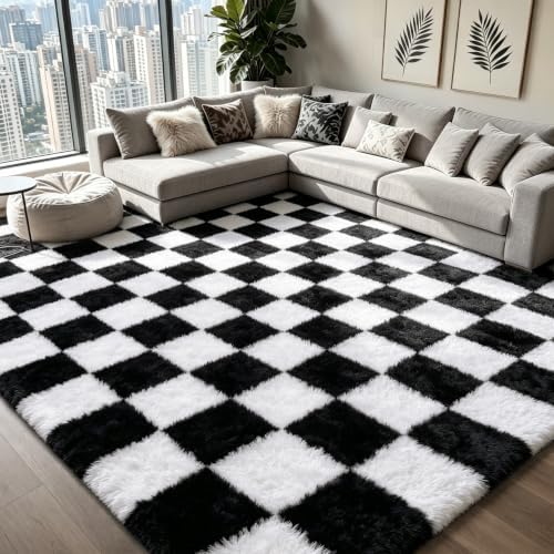 Area Rugs for Bedroom Living Room,5x8 Black and White Fluffy Soft Checkered Rug Fuzzy Shag Shaggy Carpet, Indoor Plush Floor Rugs for Teen Dorm Home Decor by Boshengya