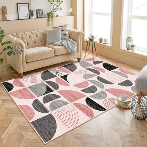 MUJOO Pink Rug Boho Washable,4x6.5 Area Rugs for Bedroom Entryway Living Room Bedside,Small Throw Floor Carpet Non Slip Soft Indoor Modern Abstract Pink and Grey - Image 2