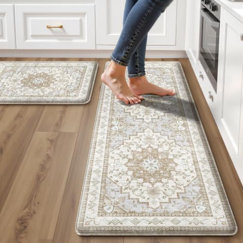 Boho Kitchen Mats for Floor 2PC Anti Fatigue Kitchen Rugs, Beige Tan by tubeamin