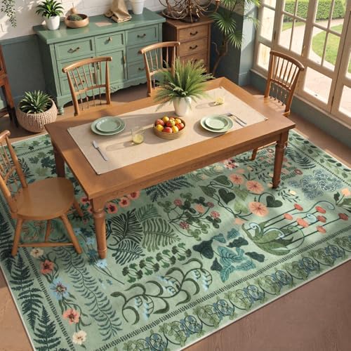 Zealude Floral Boho Washable 5x7 Area Rug for Living Room, Green Botanical Rug for Bedroom Dining Room Low Pile Non Slip, No Shed Large Carpet for Home Office Décor - Image 4