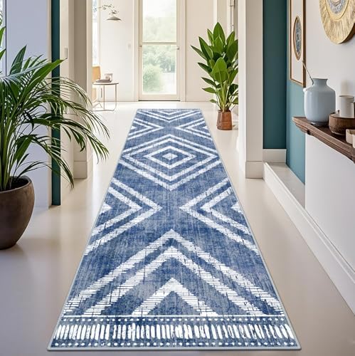 2x10Ft Boho Hallway Runner Rugs Non Slip, Blue Geometric Washable Rug Runners for Kitchen, Soft Low Pile Modern Farmhouse Entryway Floor Carpets for Entrance Doorway Bedroom Home Decor - Image 3