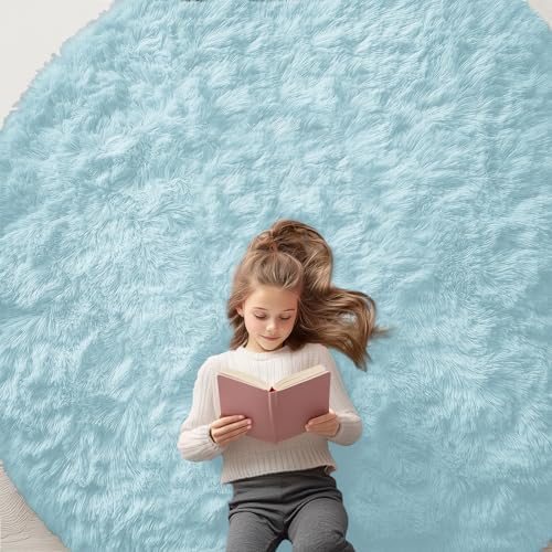 OLANLY Light Blue Round Rugs for Bedroom - Machine Washable, 7 ft Circle Area Rugs for Living Room, Soft and Fluffy Shaggy Carpet for Teen Girl and Boys, Nursery Rooms, Dorms, Home Decor Aesthetic by OLANLY