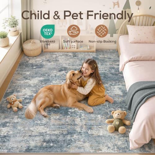 Nakagishi 7x9 Area Rugs Living Room: Washable Abstract Large Neutral Soft Rug Stain Resistant Modern Indoor Floor Non-Slip Carpet for Bedroom Nursery Kids Playroom Office Dining Room Dorm-Blue Brown - Image 4