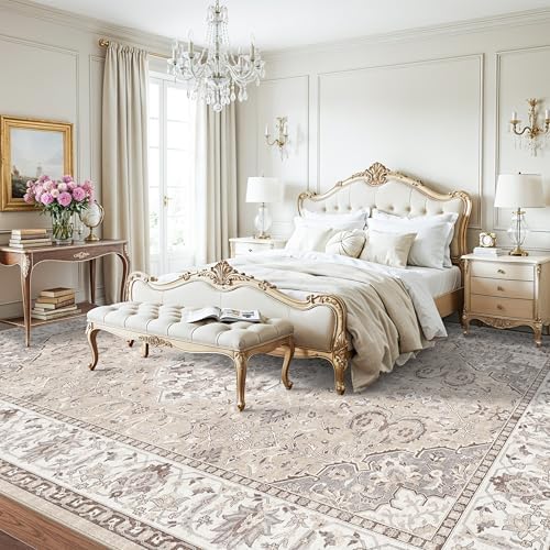 Living Room 12x12 Square Area Rug: Stain Resistant Washable Beige Vintage Rug Low-Pile Soft Floor Carpet for Bedroom Playroom Indoor Non Slip Boho Home Decor Mat for Office Dining Room(12x12，Beige) - Image 4
