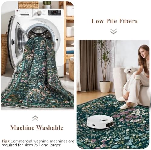 10x10 Square Area Rug Living Room: Boho Floral Washable Mat for Dining Room Bedroom Office High Traffic Area Soft Non Slip Low Pile Indoor Carpet for Vintage Farmhouse Home Decor (10ft Square, Green) - Image 6
